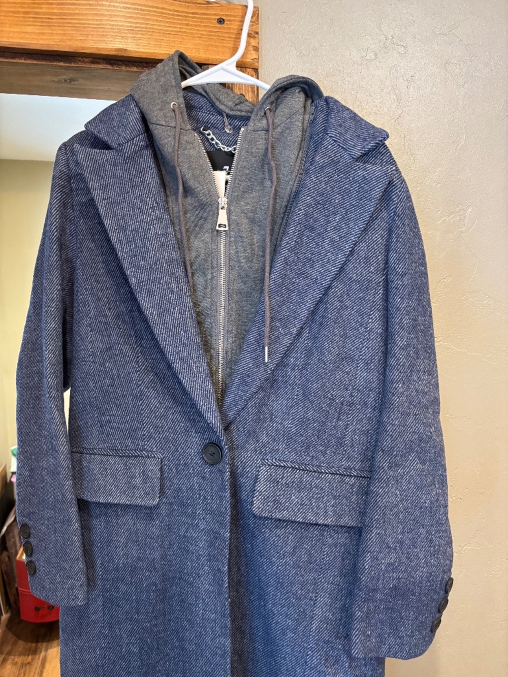 Full length 7 for All Mankind blue coat with hoodie
